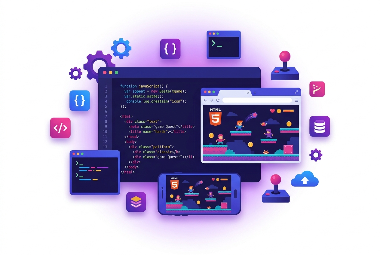 Developer illustration showing code editor with HTML5 game JavaScript code, browser preview of game, mobile device, and HTML5 badge