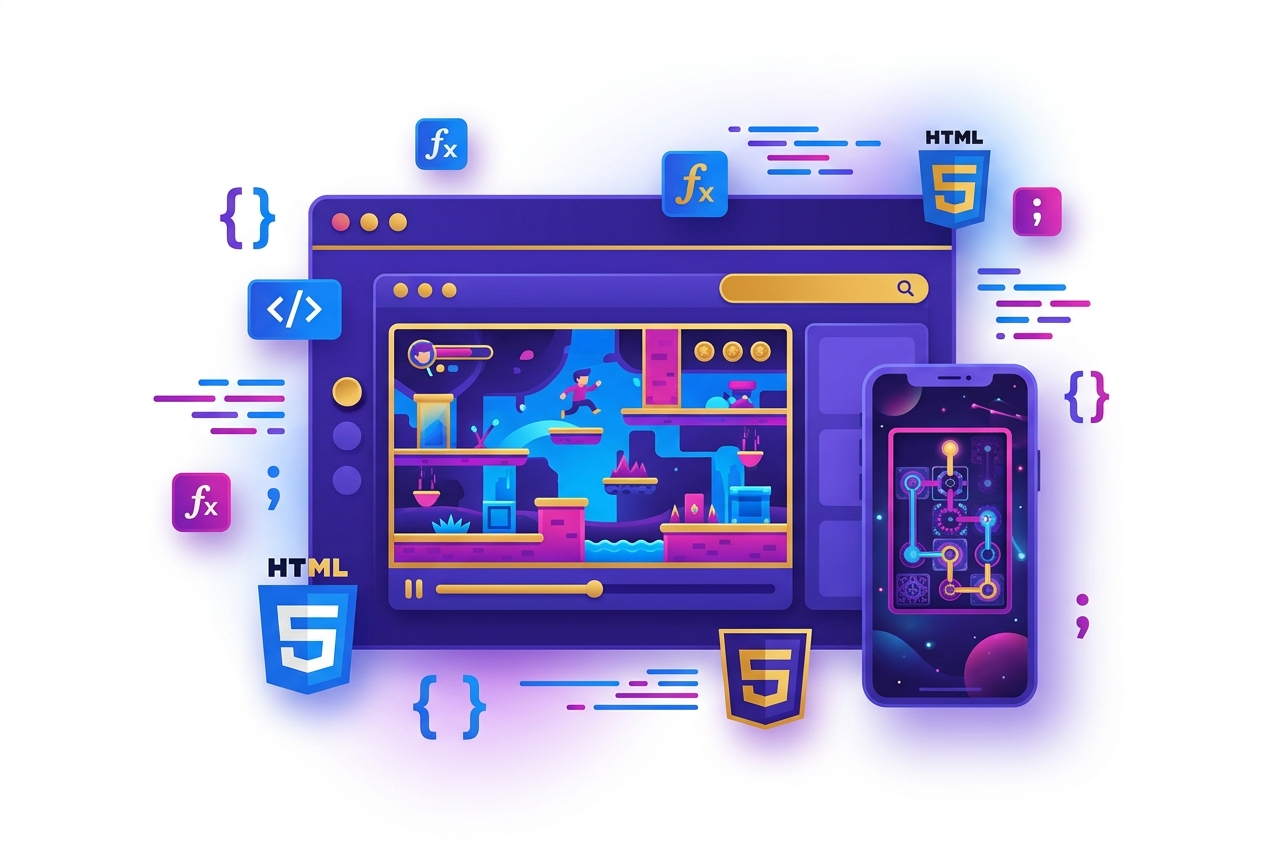 HTML5 game source code marketplace illustration showing browser with platformer game, mobile phone with puzzle game, HTML5 badges, and code symbols